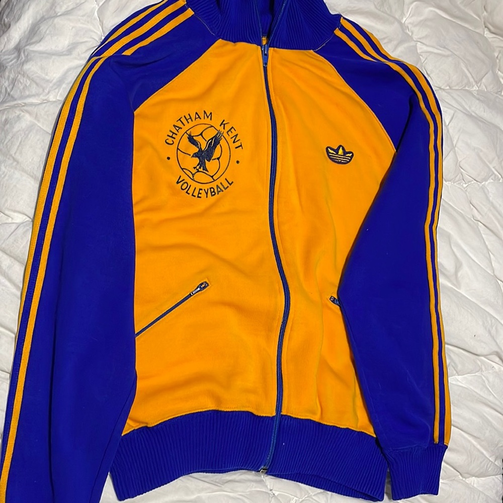 Adidas blue and gold zip front sweater